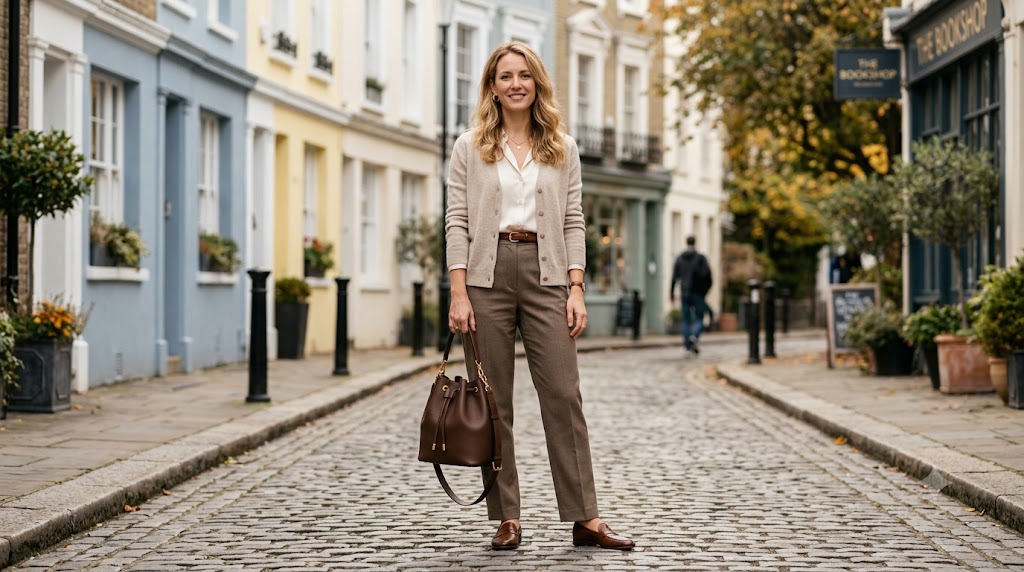 Chocolate Brown Bucket Bag with Gold Hardware & Cashmere Cardigan